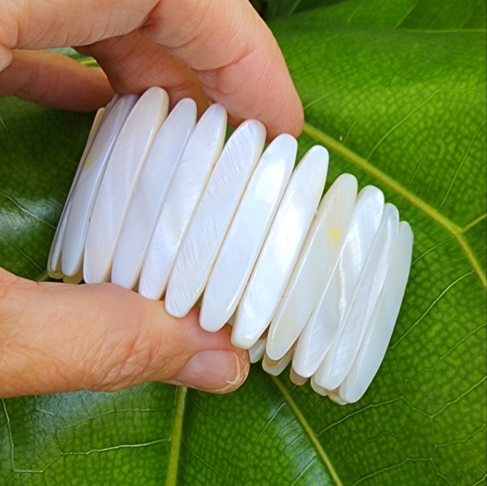 Natural Mother of Pearl Wide Stretch Bracelet Hypoallergenic Jewelry